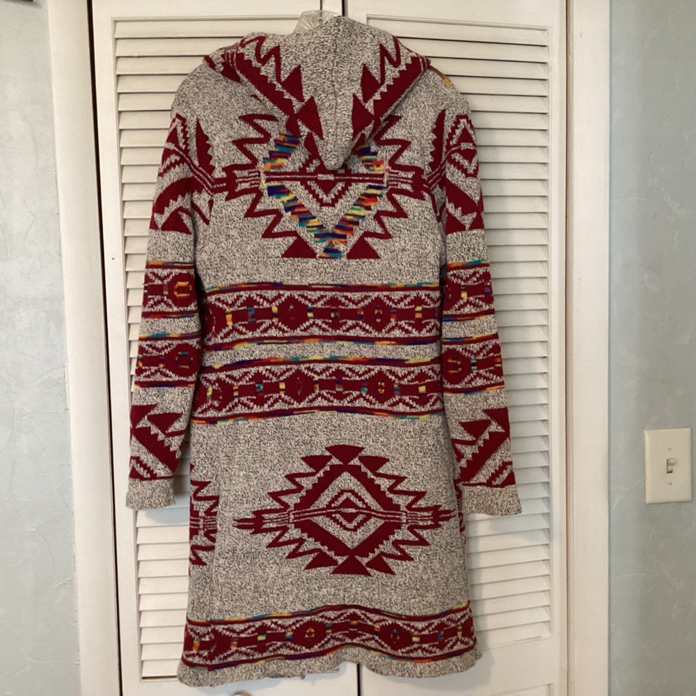 Aztec Southwestern Red and Gray Women's Hooded Cardigan Duster Northern Angel - Picture 4 of 13